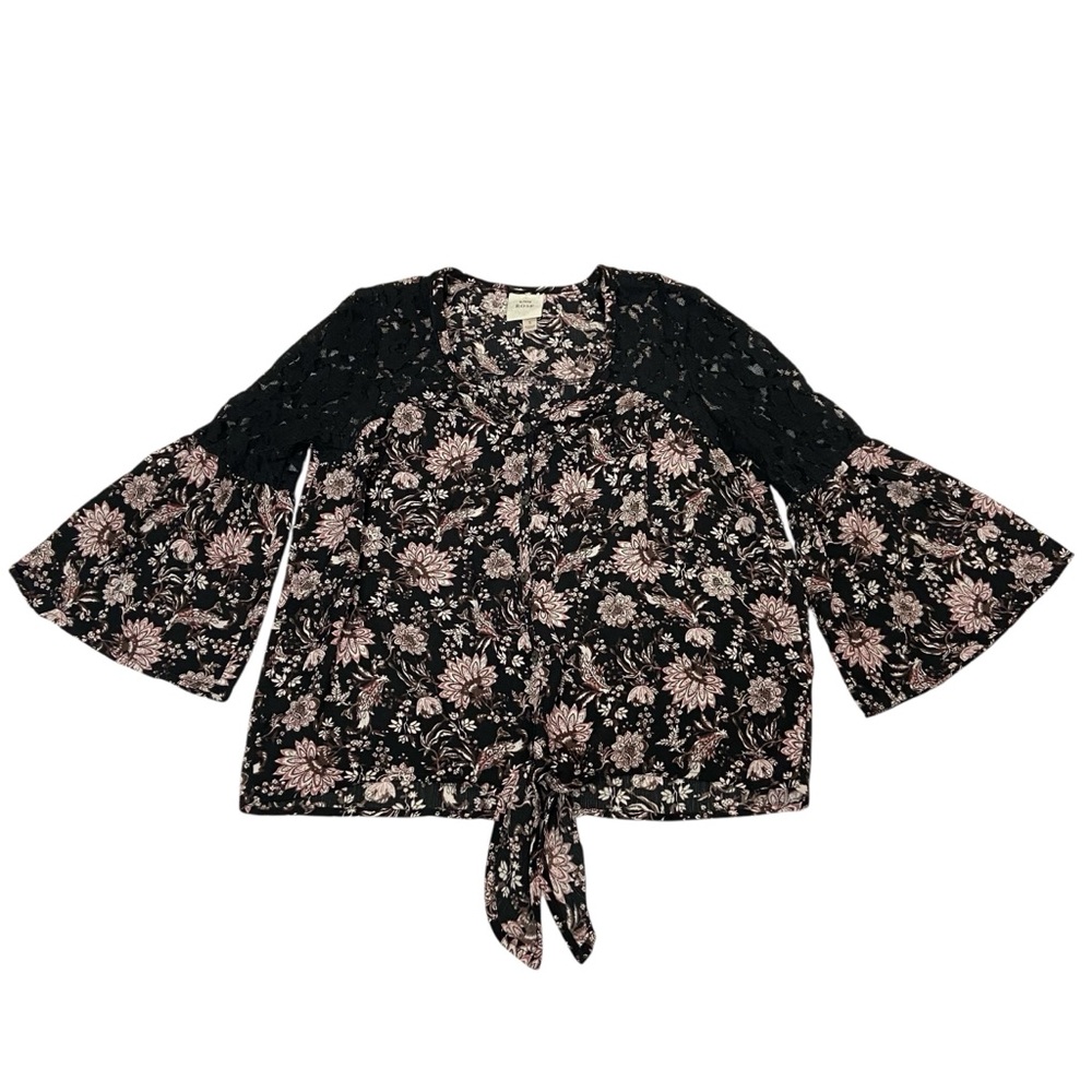 KNOX ROSE Boho Bell Sleeve Black Pink Floral Lace Button Down Top Women’s Small - Picture 11 of 14